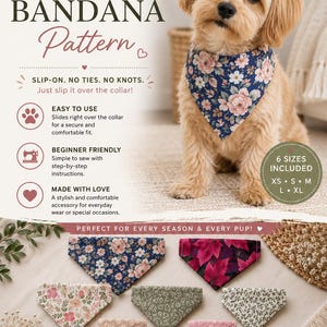 Op de afbeelding: Een digitaal naaipatroon voor een hondenhalsband-bandana. De afbeelding toont een kleine hond met een marineblauwe bandana met bloemenprint, met daaronder zes extra voorbeelden van stoffen bandana's in diverse bloemen- en bladpatronen.