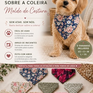 May include: A digital sewing pattern for a dog bandana that slides onto a collar. The image features a light brown dog wearing a blue floral bandana, with six additional fabric samples in various floral and leaf patterns displayed below.