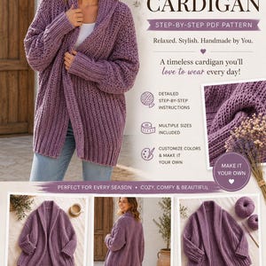 Puede incluir: Un patrón digital para un cárdigan de ganchillo en tono morado. El documento incluye texto como "CROCHET Cozy Everyday CARDIGAN", "STEP-BY-STEP PDF PATTERN" e "INSTANT PDF DOWNLOAD". Muestra imágenes del cárdigan morado terminado.