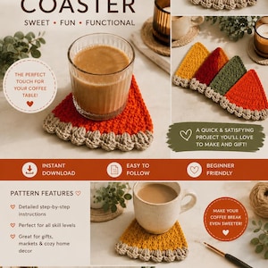 Könnte beinhalten: Eine digitale Häkelanleitung für einen Untersetzer in Tortenstückform. Das Dokument enthält Text wie Pie Slice Coaster und Pattern Features. Es zeigt Bilder von dreieckigen Häkeluntersetzern in den Farben Orange, Gelb, Rot und Grün.