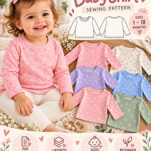 May include: A digital sewing pattern for a long-sleeve baby shirt in sizes 1-18 months. The image displays a child wearing a pink floral shirt alongside five additional shirt samples in pink, white, blue, purple, and green with various floral and heart prints.