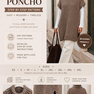 Crochet Poncho Pattern PDF Easy Oversized Turtleneck Poncho Beginner Crochet Sweater Pattern XS-5XL Instant Download