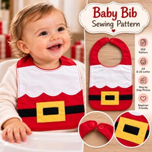 May include: A red and white baby bib sewing pattern featuring a Santa Claus design with a black belt and yellow buckle. The graphic includes text reading Baby Bib Sewing Pattern, PDF Pattern, A4 & US Letter, Step by Step Photos, and Beginner Friendly.