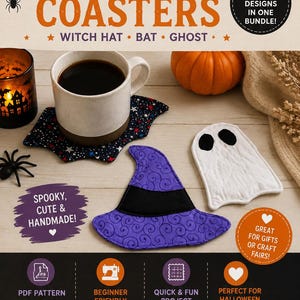 Könnte beinhalten: Ein Näh-Schnittmuster-Set für Halloween-Untersetzer mit drei Motiven: Hexenhut, Fledermaus und Geist. Das Bild zeigt einen violetten Hexenhut-Untersetzer, einen weißen Geister-Untersetzer und einen Fledermaus-Untersetzer unter einer Tasse.