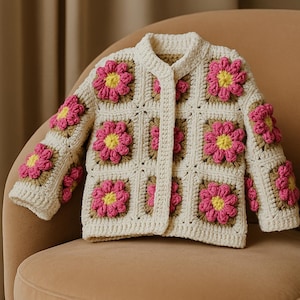 May include: Cream-colored crochet cardigan featuring a floral design. The jacket has a square pattern with pink and yellow flowers. The cardigan is buttoned up and has long sleeves. The garment is displayed on a beige chair.