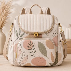 Peut inclure: Un sac à dos beige avec un rabat supérieur matelassé et une poche avant ornée d'un motif botanique de feuilles vertes et de formes circulaires rose pâle. Le sac comprend des fermetures éclair dorées, des bretelles réglables et des poches latérales.