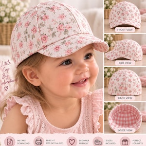 May include: A PDF sewing pattern for a baseball cap featuring a pink floral print. The document displays the cap from front, side, back, and inside views, showing a pink and white gingham lining. Text includes Baseball Cap, Sew Your Own Style, and Fe.Ly.