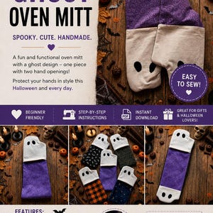 Może przedstawiać: Wykrój do szycia rękawicy kuchennej w kształcie duszka z tekstem GHOST OVEN MITT, SPOOKY. CUTE. HANDMADE. EASY TO SEW!, oraz PDF PATTERN. Rękawica posiada dwa otwory na dłonie, białą twarz duszka i fioletowy korpus z wzorem w zawijasy.