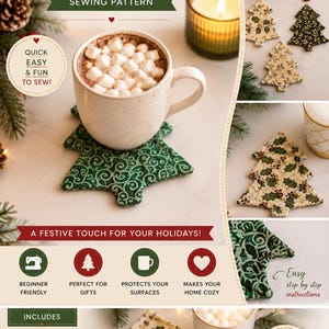 以下が含まれることがあります： クリスマスツリー型のコースターの縫製パターン。ドキュメントには「Christmas Tree Coaster」、「Sewing Pattern」、「Quick Easy & Fun To Sew」、「A Festive Touch For Your Holidays」などのテキストと、布製コースターの画像が含まれています。