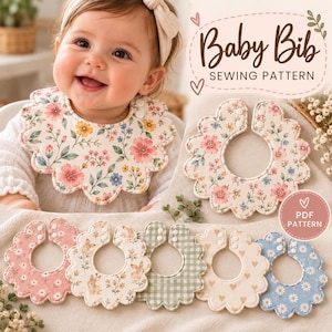 Könnte beinhalten: Eine Sammlung von Baby-Lätzchen mit gewelltem Rand und verschiedenen Blumen-, Vichy- und Herzmustern. Der Text Baby Bib SEWING PATTERN und PDF PATTERN ist sichtbar. Die Lätzchen haben Druckknöpfe und sind in verschiedenen Designs.