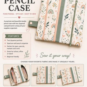 Op de afbeelding: Een naaipatroon voor een dubbel etui van crèmekleurige stof met een patroon van regenbogen, bladeren en bloemen. Het ontwerp bevat twee vakken met rits, een drukknoopsluiting en tekst met kenmerken, instructies en tips voor het naaien.