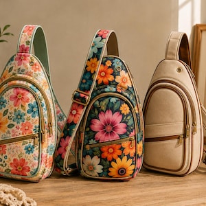 May include: Three sling backpacks are displayed. The left bag features a light background with colorful floral patterns. The center bag has a dark background with vibrant orange, pink, and blue flowers. The right bag is solid beige with brown trim.