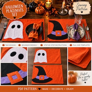 Peut inclure: Un patron de couture pour sets de table d'Halloween comprenant deux modèles : un fantôme blanc sur fond orange et un chapeau de sorcière noir sur fond orange. L'ensemble inclut des instructions étape par étape et des patrons en taille réelle.