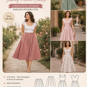 May include: A sewing pattern bundle titled Timeless Skirt & Dress Sewing Pattern Bundle featuring four designs in sizes XS-5XL. The image displays a skirt and three dresses with various necklines and lengths, including line drawings of each style.