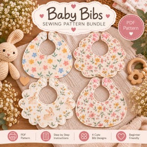 May include: A Baby Bibs Sewing Pattern Bundle featuring four distinct bib designs with floral and rabbit prints. The PDF pattern includes step-by-step instructions for four bib styles with snap closures, presented on a fabric surface.