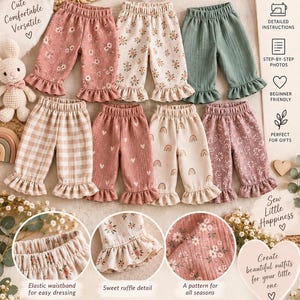 Könnte beinhalten: Ein digitales Schnittmuster für Baby-Rüschenhosen in den Größen 1-24 Monate. Das Bild zeigt sieben Hosen in verschiedenen Farben und Mustern, darunter Blumen-, Vichy- und Regenbogenprints, alle mit elastischem Bund und gerüschten Säumen.