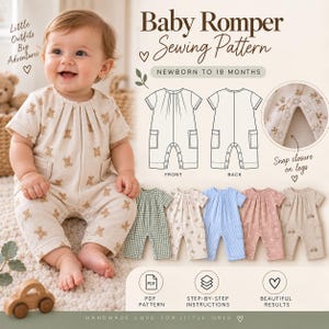 May include: A baby romper sewing pattern featuring a beige garment with a brown teddy bear print. The image includes technical line drawings of the front and back, a detail of the leg snap closure, and five variations in different colors and patterns.