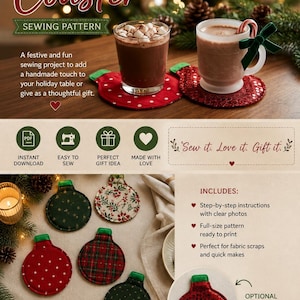 Puede incluir: Un patrón de costura digital para posavasos con forma de adorno navideño. La imagen muestra posavasos circulares de tela en rojo, verde y estampados, con texto que incluye "Christmas Ornament Coaster" y "Sew it. Love it. Gift it."