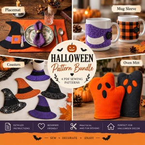 Pacchetto di modelli di cucito di Halloween: sottobicchieri a forma di pipistrello, fantasma, cappello da strega, copritazza, guanto da forno a forma di fantasma, tovaglietta a forma di cappello da strega (PDF).