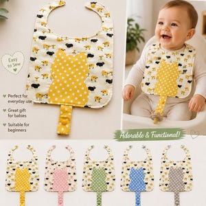May include: A baby bib sewing pattern featuring a cream-colored fabric with a black and yellow sheep print. The bib has a central yellow polka-dot cat-shaped applique and a matching snap loop for a pacifier. Includes instructions for five variations.