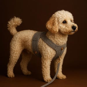 May include: A light-colored poodle wearing a gray crochet harness with gold-colored hardware and a matching leash. The dog is standing on a brown background, showcasing the harness's design and texture.
