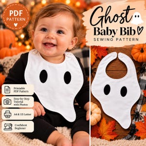 May include: A white baby bib shaped like a ghost with two black oval eyes, featuring a snap closure at the neck. The product is a digital sewing pattern for a ghost baby bib, including a printable PDF, step-by-step tutorial, and A4 or US Letter sizing options for a confident beginner.