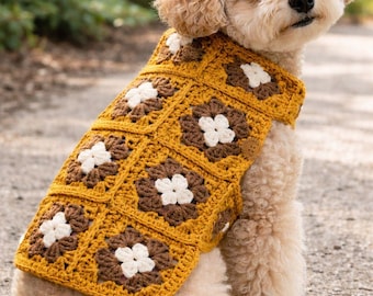 Patrón de crochet para chaleco cuadrado de abuela retro para perro / Traje para mascota hecho a mano