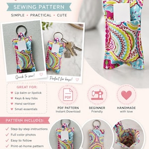 Peut inclure: Un patron de couture pour une pochette à rouge à lèvres porte-clés en tissu cachemire coloré aux tons rose, bleu, jaune et vert. Le patron comprend des instructions étape par étape, des photos en couleur et un PDF à imprimer chez soi.