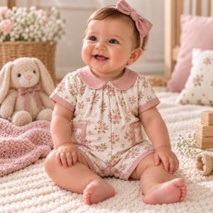 Può includere: Una tutina a maniche corte con base color crema e motivo floreale rosa, colletto arrotondato e due tasche frontali. Il capo presenta bordini rosa sulle maniche e sul colletto ed è abbinato a una fascia coordinata con fiocco rosa.