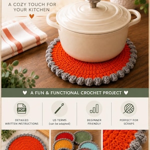 May include: A crochet pattern for a round pie trivet featuring a bright orange center and a textured gray border. The document includes text such as Crochet Pattern, Pie Trivet, PDF INSTANT DOWNLOAD, and detailed written instructions.