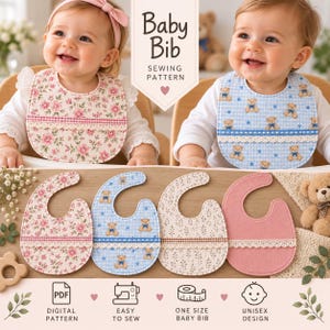 Puede incluir: Un patrón de costura digital para babero de bebé que presenta cuatro variaciones: un estampado floral rosa, un patrón azul de ositos y estrellas, un estampado de hojas neutro y una tela rosa sólida. Cada babero incluye un borde de encaje decorativo.