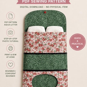 May include: A diaper and wipes pouch PDF sewing pattern digital download. The pouch features a dark green fabric with a white swirling vine pattern and a contrasting floral print with red flowers. It includes a wipe dispenser opening.