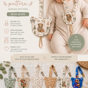 May include: A digital sewing pattern for a bear-shaped pacifier holder, featuring text that reads PACIFIER HOLDER PATTERN SEWING PATTERN BEAR SHAPE. The image displays multiple fabric examples of the finished bear-shaped holder with metal clips.