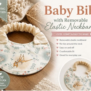 Può includere: Un bavaglino per neonati con fascia elastica rimovibile e stampa con cerbiatto e fiori. Il testo recita: Baby Bib with Removable Elastic Neckband, Sewing Pattern, PDF Pattern Instant Download, Cute, Comfy & Easy to Make, Snap on and off.