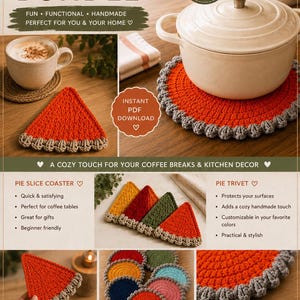 Puede incluir: Un paquete de patrones de ganchillo digitales para un posavasos de porción de tarta y un salvamanteles redondo. Las imágenes muestran porciones de tarta tejidas en naranja y beige y un salvamanteles naranja con un borde gris.