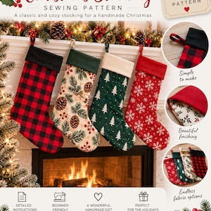 May include: A digital PDF sewing pattern for Christmas stockings featuring four examples: a red and black buffalo plaid stocking, a cream stocking with pinecones and berries, a green stocking with white trees, and a red stocking with white snowflakes.
