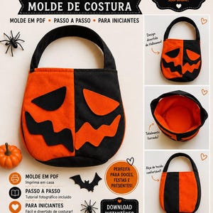 Może przedstawiać: Cyfrowy wykroj krawiecki na torebkę na słodycze na Halloween z wzorem pomarańczowo-czarnej twarzy dyni. Obraz przedstawia gotową torebkę, wewnętrzną podszewkę i materiałowy uchwyt, wraz z tekstem w języku portugalskim dotyczącym instrukcji PDF.