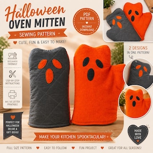 May include: A digital sewing pattern for Halloween oven mittens featuring text that reads Halloween Oven Mitten Sewing Pattern. The design includes two ghost-shaped oven mitts, one dark gray with orange facial features and one orange with black features.