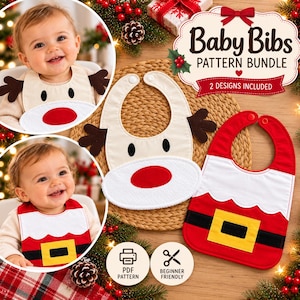 Può includere: Un set di cartamodelli per bavaglini da neonato con due design: un bavaglino a forma di renna color crema con corna marroni e naso rosso, e un bavaglino di Babbo Natale rosso con bordo bianco e cintura nera con fibbia gialla. Include PDF e facile.