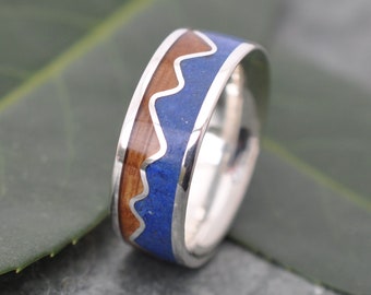 Bergkette Ring, Lapis Lazuli Ring, Bourbon Fass Holz Ring, Bourbon Fass Ring, Berg Inlay Ring, Custom Holz Ring