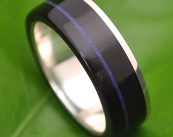 Lapis Lazuli Azul Silver Wood Ring, Black and Blue Wood Weedding Ring, Blue Stone Inlay  Wood Ring