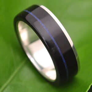 Lapis Lazuli Azul Silver Wood Ring, Black and Blue Wood Weedding Ring, Blue Stone Inlay  Wood Ring