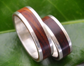 White Gold Wood Wedding Band - Lados Nambaro Cocobolo Wood Ring - 14k recycled white gold and wood wedding ring, mens wood ring