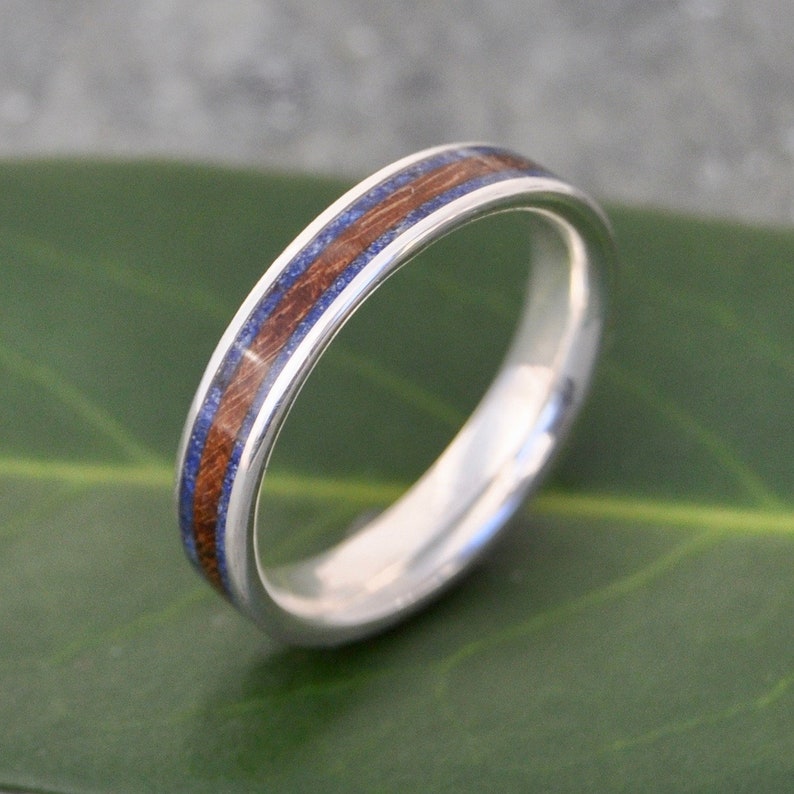 Lapiz Lazuli Wood and Silver Ring, Stone Lazuli Silver and Wood Wedding Ring, Stone Lazuli Silver and Wood Wedding Band image 1