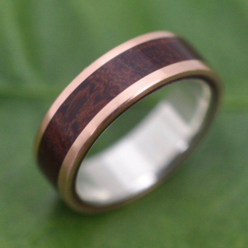 Yellow Gold Wood Ring Lados Nacascolo ecofriendly wood wedding band, 14k yellow gold exterior with sterling interior image 8