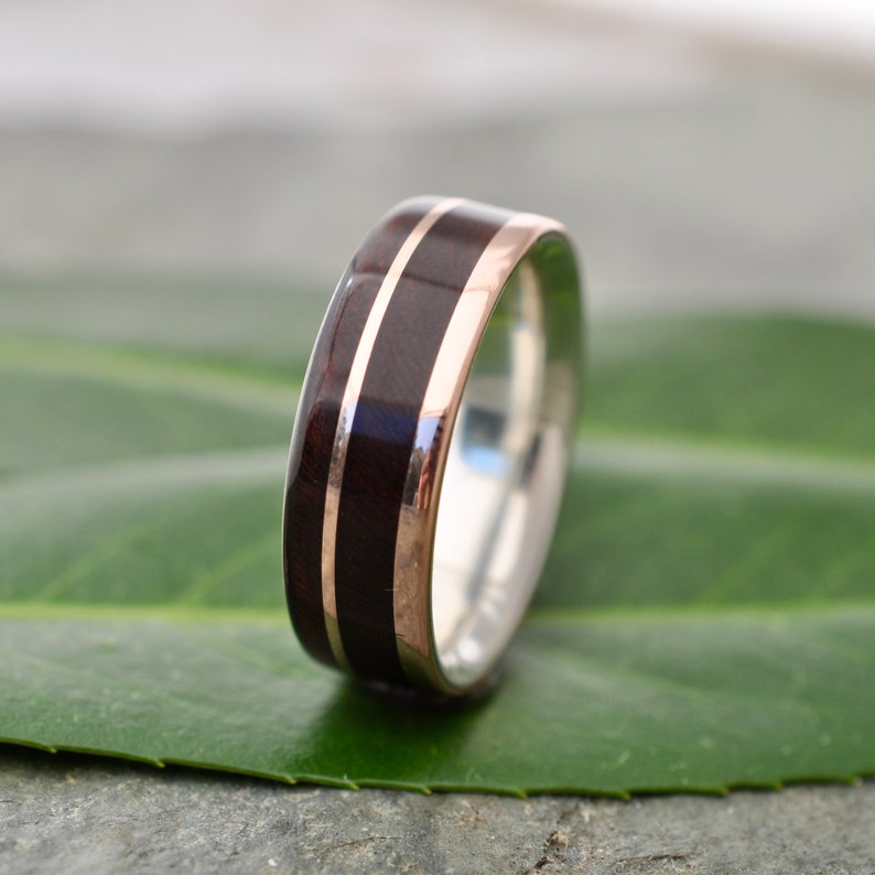 Un Lado Asi Rose Gold Wood Wedding Ring,Rose Gold Wooden Wedding Band, Wood Inlay Wedding Ring, Rose Gold and Silver image 7