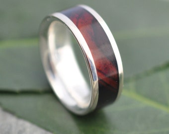 Cocobolo Holzring mit Sterling Silber Inlay Ring, Silber Holz Inlay Ehering, umweltfreundlicher Ehering, Herren Frau Holzring