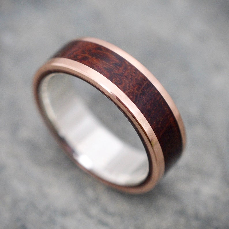 Yellow Gold Wood Ring Lados Nacascolo ecofriendly wood wedding band, 14k yellow gold exterior with sterling interior image 7