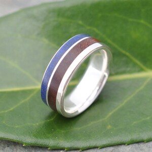 Lapiz Lazuli Wood Ring with Recycled Sterling Silver, Blue Stone Edge Wood Wedding Band, Wood Wedding Ring with Stone Inlay