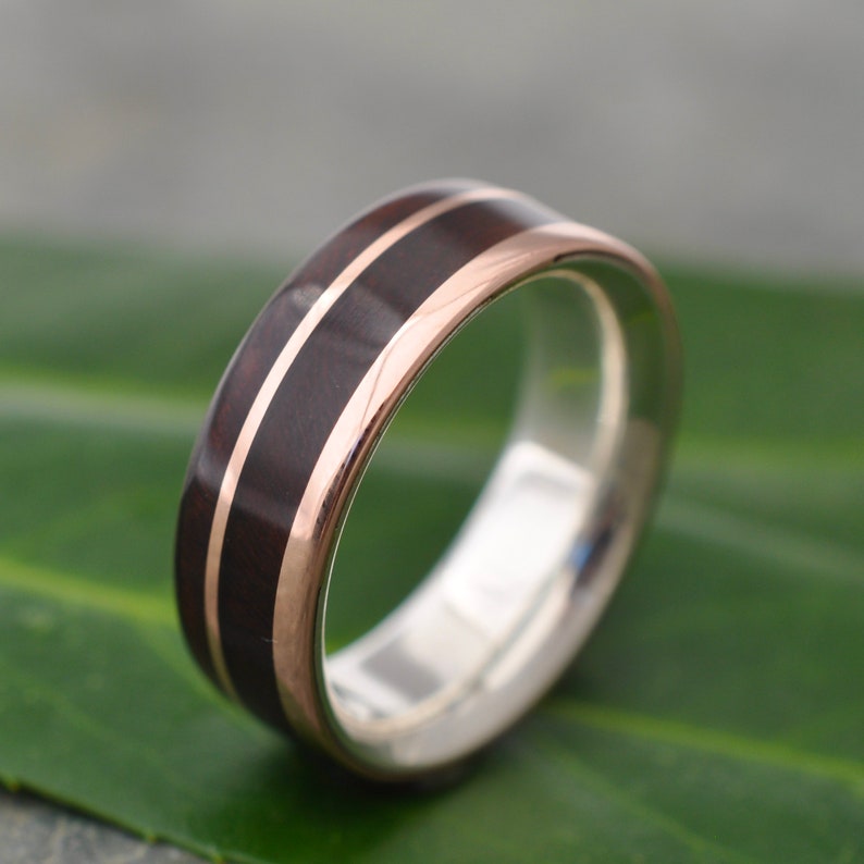 Un Lado Asi Rose Gold Wood Wedding Ring,Rose Gold Wooden Wedding Band, Wood Inlay Wedding Ring, Rose Gold and Silver image 3